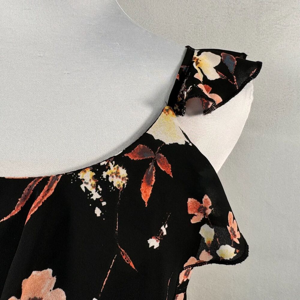 Maurices Floral Tank Sz S Black Peach Yellow Ruffled neck spaghetti straps - Picture 4 of 9